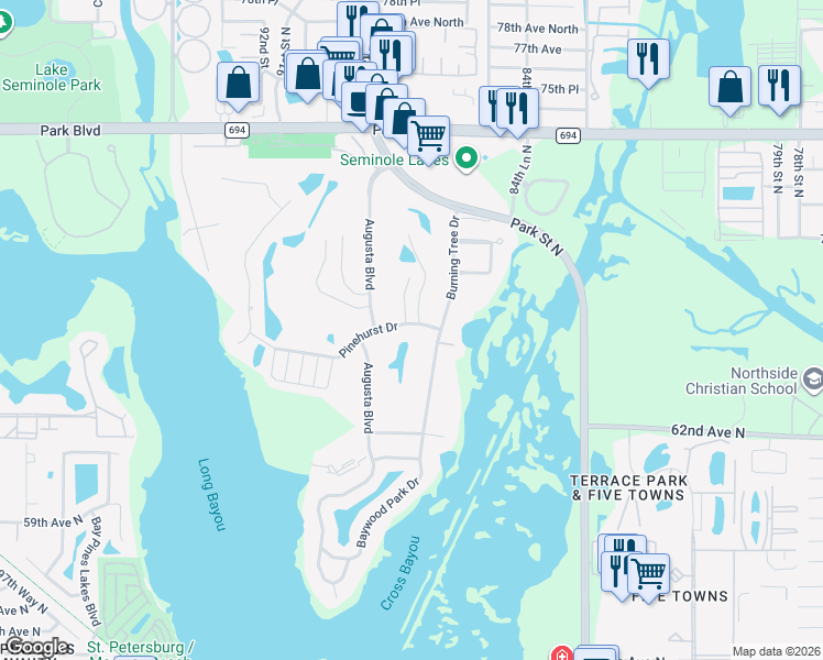 map of restaurants, bars, coffee shops, grocery stores, and more near 8800 Pinehurst Drive in Seminole