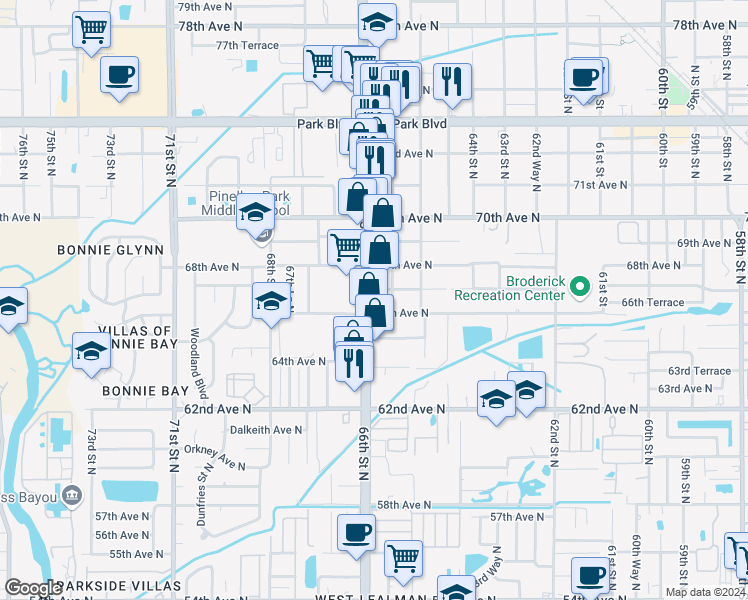 map of restaurants, bars, coffee shops, grocery stores, and more near 6655 66th Street North in Pinellas Park
