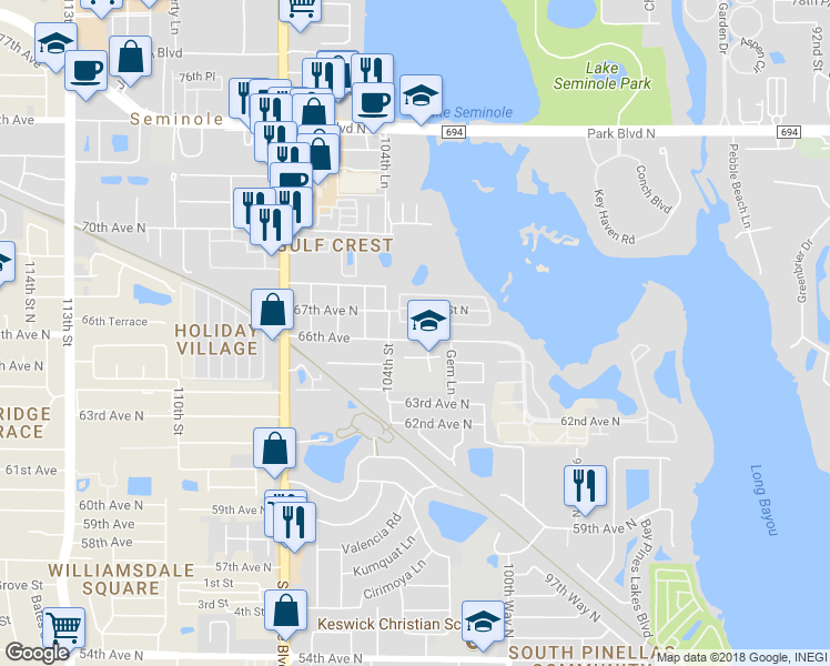 map of restaurants, bars, coffee shops, grocery stores, and more near 10302 66th Avenue in Seminole