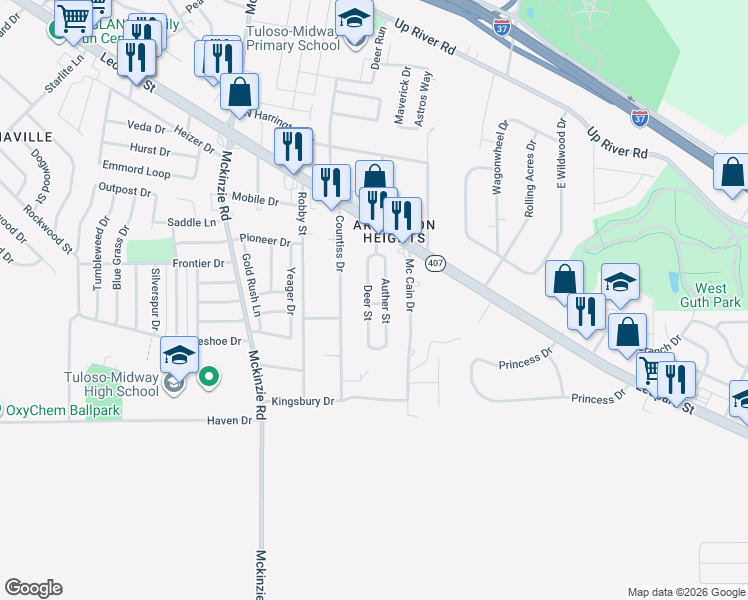 map of restaurants, bars, coffee shops, grocery stores, and more near 2700 Deer St in Corpus Christi