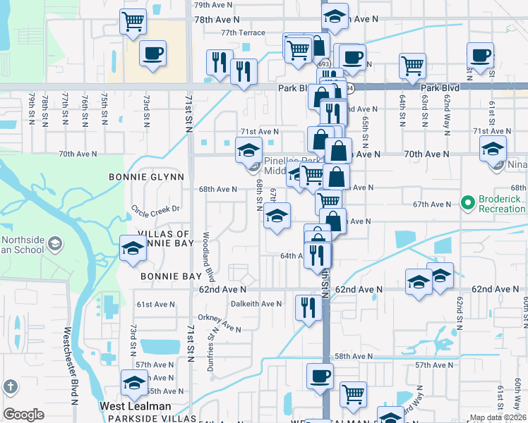 map of restaurants, bars, coffee shops, grocery stores, and more near 6649 68th St N in Pinellas Park