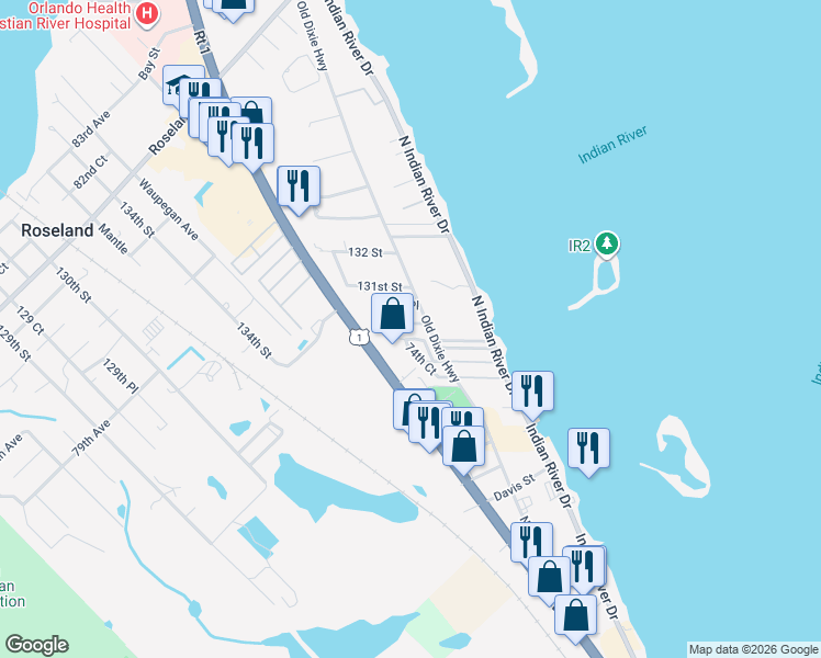 map of restaurants, bars, coffee shops, grocery stores, and more near 7465 130th Street in Sebastian