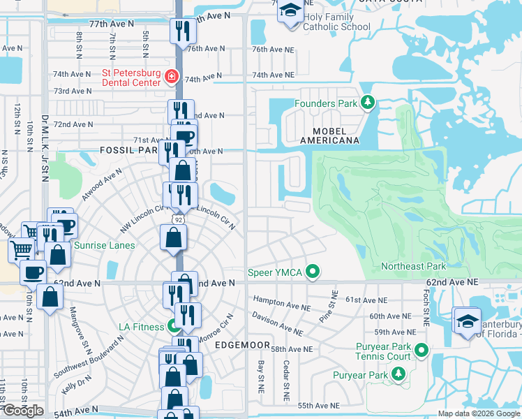 map of restaurants, bars, coffee shops, grocery stores, and more near 120 Mount Curve Avenue Northeast in St. Petersburg