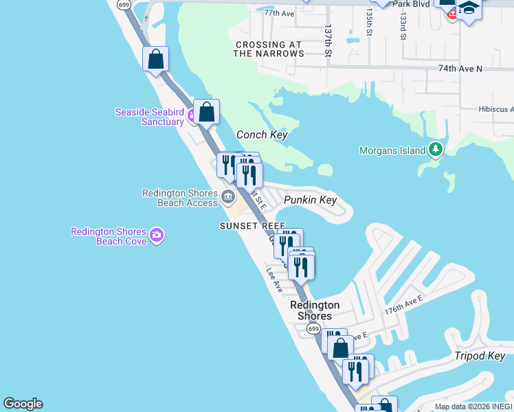 map of restaurants, bars, coffee shops, grocery stores, and more near 18100 Gulf Boulevard in Redington Shores