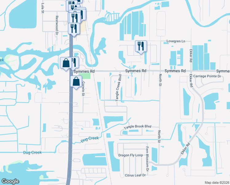 map of restaurants, bars, coffee shops, grocery stores, and more near 11539 Tangle Creek Boulevard in Gibsonton
