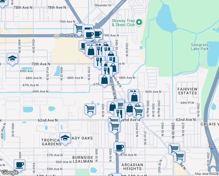 map of restaurants, bars, coffee shops, grocery stores, and more near 6630 US Highway 19 North in Pinellas Park