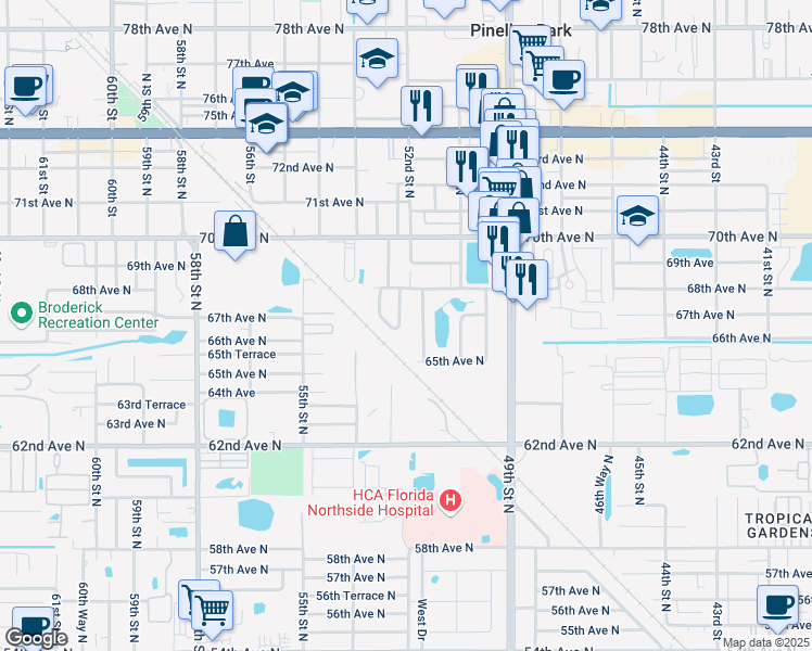 map of restaurants, bars, coffee shops, grocery stores, and more near 6665 52nd Way in Pinellas Park
