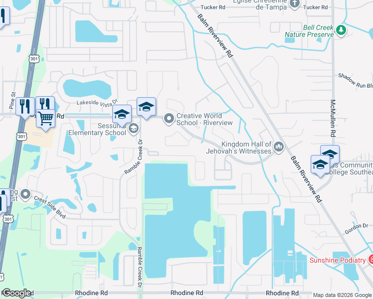 map of restaurants, bars, coffee shops, grocery stores, and more near 11416 Bay Gardens Loop in Riverview