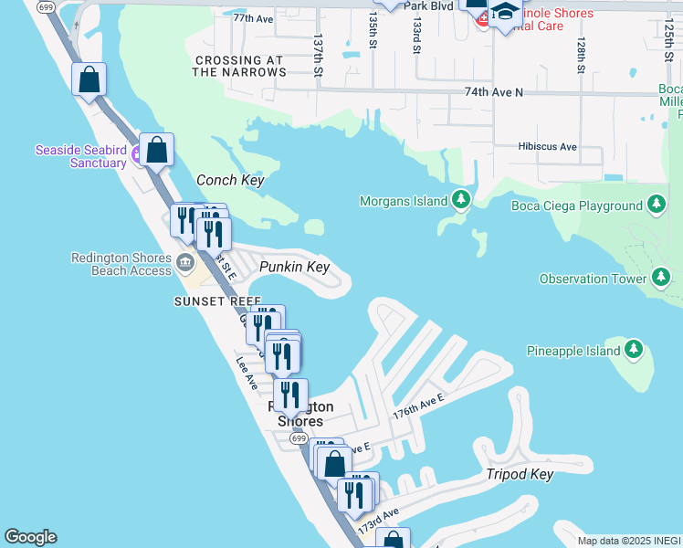 map of restaurants, bars, coffee shops, grocery stores, and more near 960 182nd Avenue East in Redington Shores