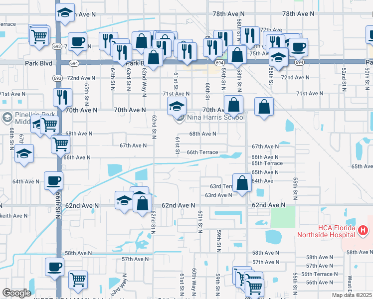 map of restaurants, bars, coffee shops, grocery stores, and more near 6059 66th Terrace in Pinellas Park