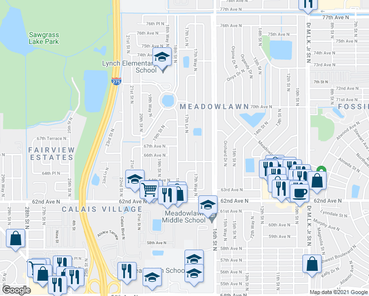 map of restaurants, bars, coffee shops, grocery stores, and more near 6701 17th Lane North in St. Petersburg