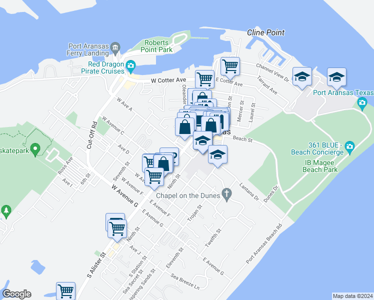 map of restaurants, bars, coffee shops, grocery stores, and more near 211 South Alister Street in Port Aransas