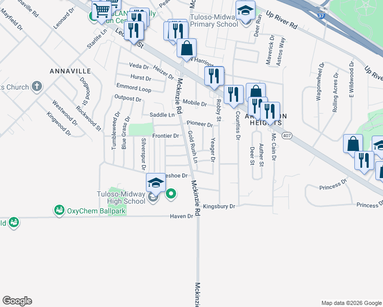 map of restaurants, bars, coffee shops, grocery stores, and more near 10502 Bandera Drive in Corpus Christi