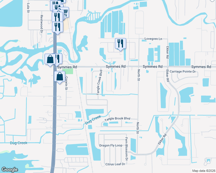 map of restaurants, bars, coffee shops, grocery stores, and more near 11528 Southern Creek Drive in Gibsonton