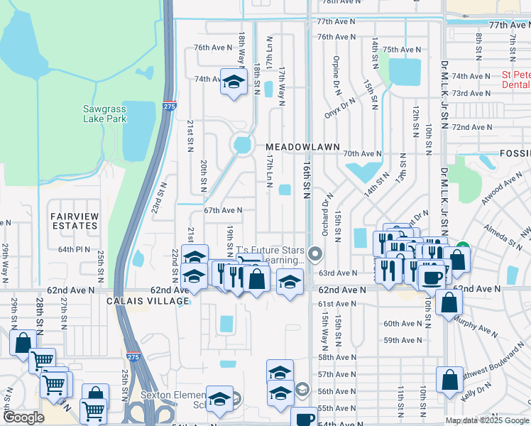 map of restaurants, bars, coffee shops, grocery stores, and more near 6700 17th Lane North in Saint Petersburg