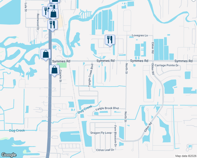 map of restaurants, bars, coffee shops, grocery stores, and more near 11528 Southern Creek Drive in Gibsonton