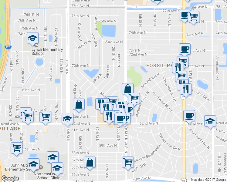 map of restaurants, bars, coffee shops, grocery stores, and more near 6610 Kent Drive North in St. Petersburg