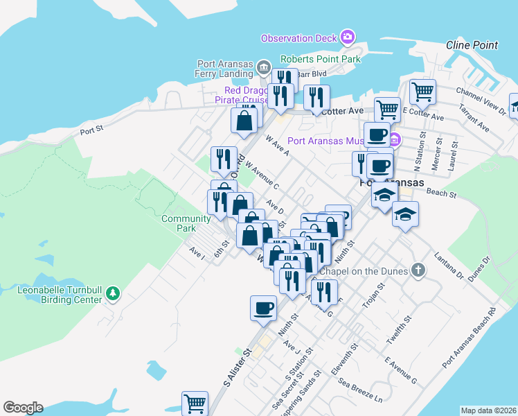 map of restaurants, bars, coffee shops, grocery stores, and more near 520 West Avenue East in Port Aransas