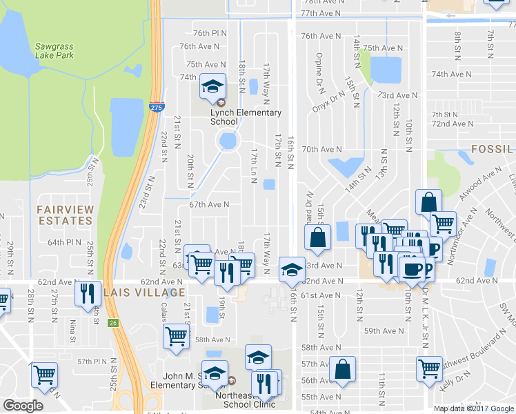 map of restaurants, bars, coffee shops, grocery stores, and more near 6701 17th Ln N in St Petersburg