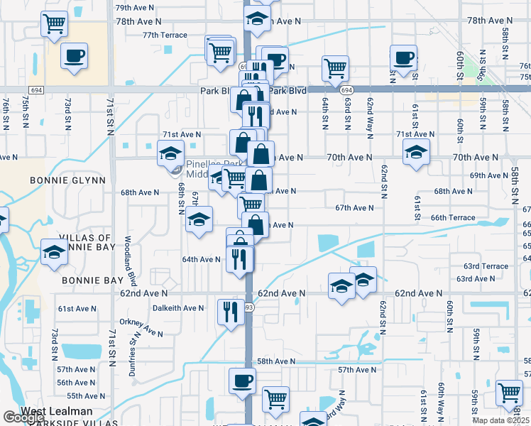 map of restaurants, bars, coffee shops, grocery stores, and more near 6655 66th Street North in Pinellas Park