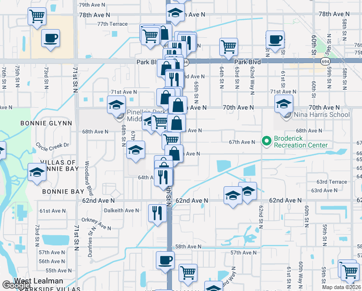 map of restaurants, bars, coffee shops, grocery stores, and more near 6570 67th Avenue North in Pinellas Park