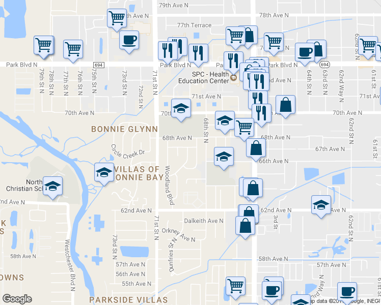 map of restaurants, bars, coffee shops, grocery stores, and more near 6914 Cedar Ridge Drive in Pinellas Park