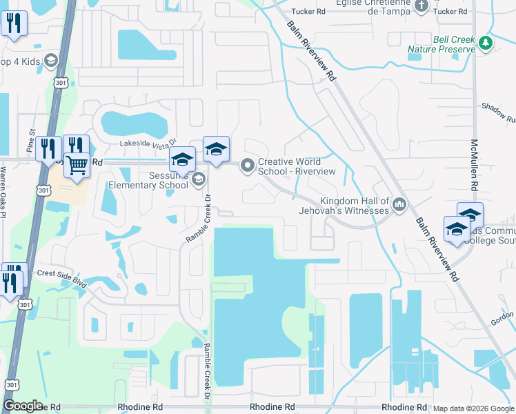 map of restaurants, bars, coffee shops, grocery stores, and more near 11434 Bay Gardens Loop in Riverview
