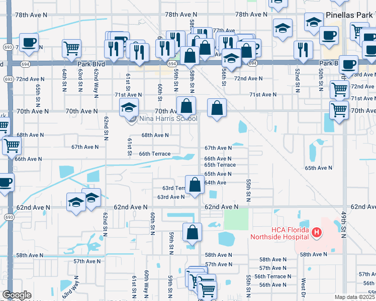 map of restaurants, bars, coffee shops, grocery stores, and more near 5860 67th Avenue North in Pinellas Park
