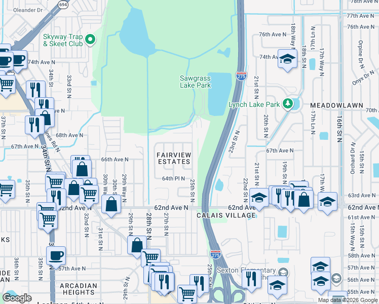 map of restaurants, bars, coffee shops, grocery stores, and more near 6656 25th Street North in St. Petersburg