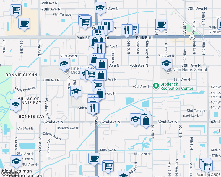 map of restaurants, bars, coffee shops, grocery stores, and more near 6520 67th Avenue North in Pinellas Park