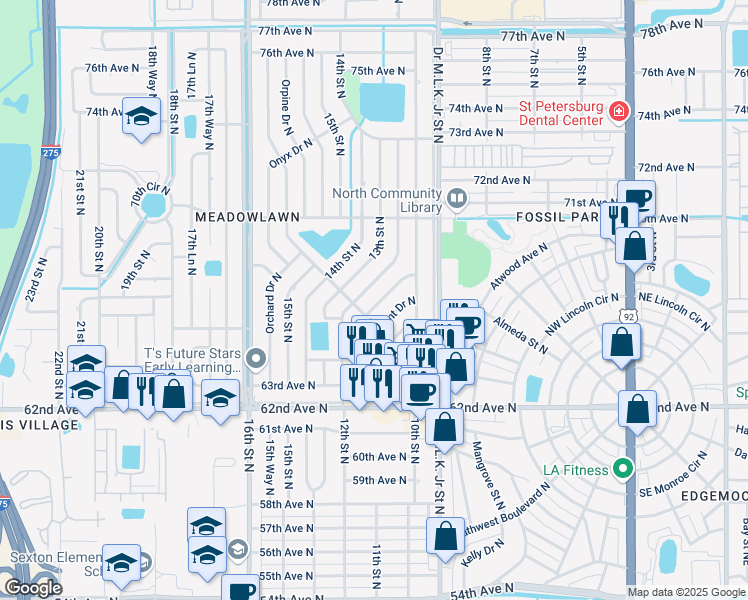 map of restaurants, bars, coffee shops, grocery stores, and more near 6711 12th Street North in St. Petersburg