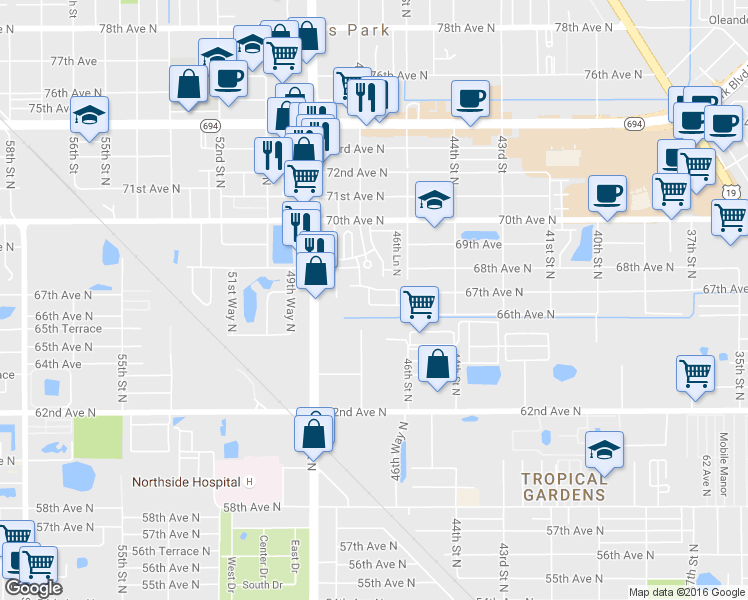 map of restaurants, bars, coffee shops, grocery stores, and more near 4681 66th Place North in Pinellas Park