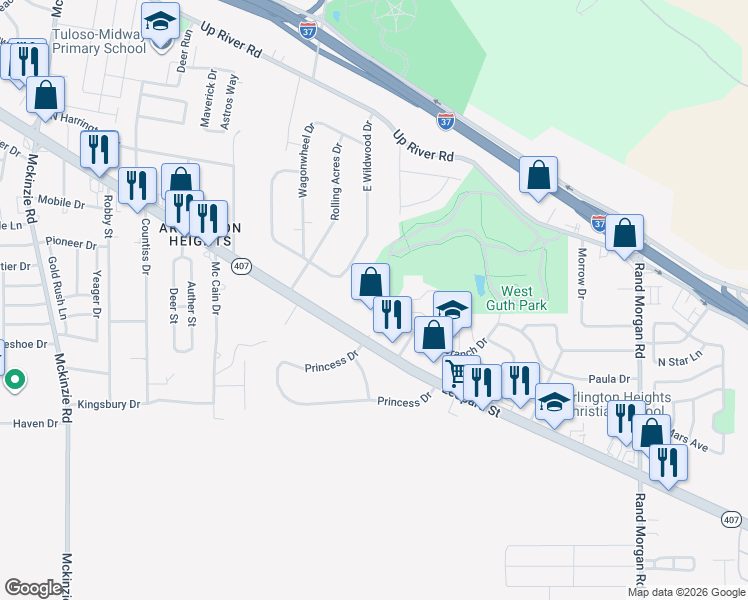 map of restaurants, bars, coffee shops, grocery stores, and more near 9834 Leopard Street in Corpus Christi