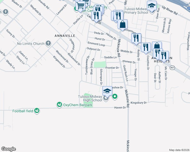 map of restaurants, bars, coffee shops, grocery stores, and more near 2725 Bramblebush Drive in Corpus Christi