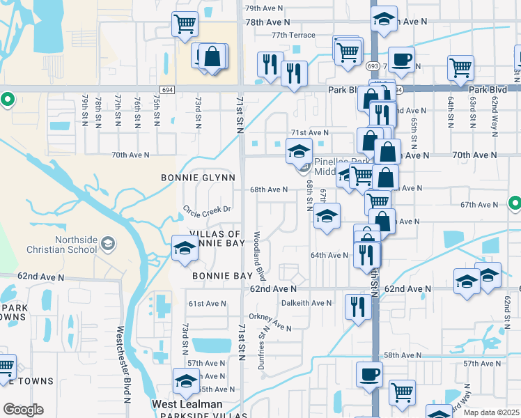 map of restaurants, bars, coffee shops, grocery stores, and more near 6667 Woodland Boulevard in Pinellas Park