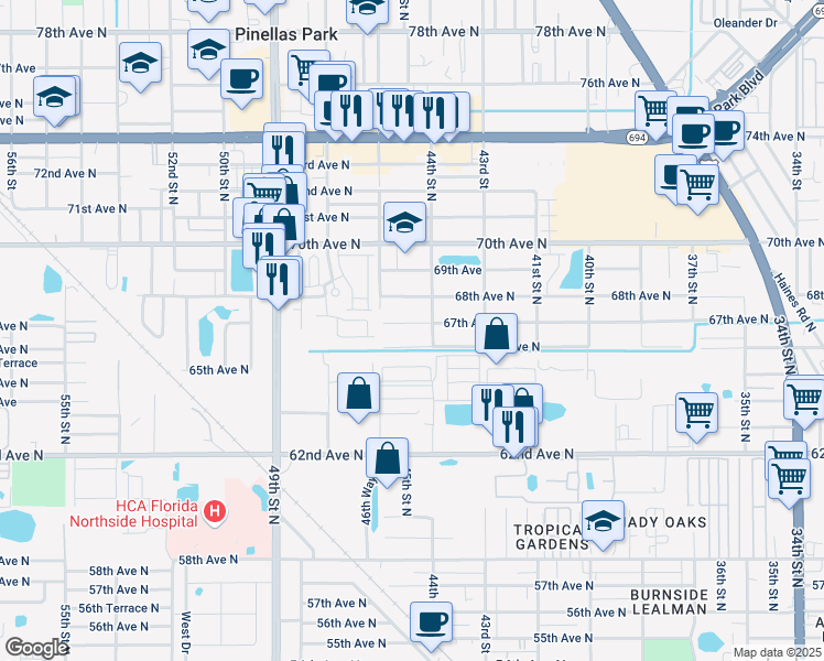 map of restaurants, bars, coffee shops, grocery stores, and more near 4510 67th Avenue North in Pinellas Park