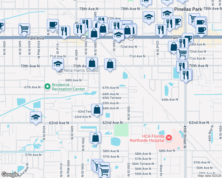 map of restaurants, bars, coffee shops, grocery stores, and more near 5610 67th Avenue North in Pinellas Park