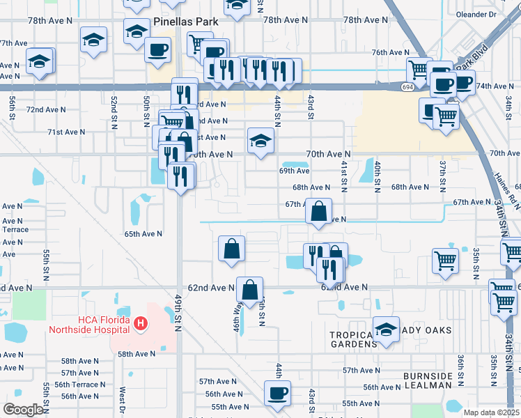 map of restaurants, bars, coffee shops, grocery stores, and more near 4510 67th Ave N in Pinellas Park