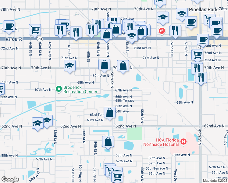 map of restaurants, bars, coffee shops, grocery stores, and more near 5700 67th Avenue North in Pinellas Park