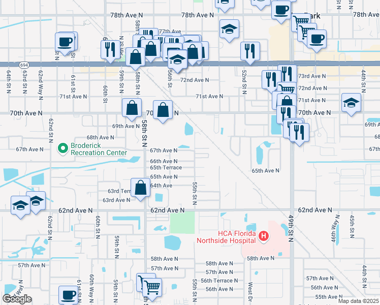 map of restaurants, bars, coffee shops, grocery stores, and more near 5510 67th Avenue North in Pinellas Park