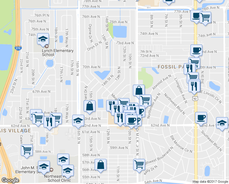 map of restaurants, bars, coffee shops, grocery stores, and more near 6711 12th Street North in St. Petersburg