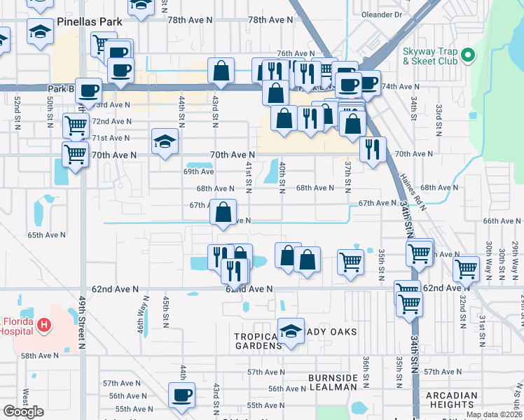 map of restaurants, bars, coffee shops, grocery stores, and more near 4056 67th Avenue North in Pinellas Park