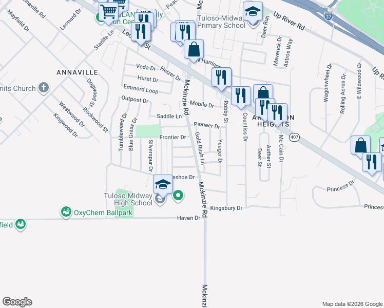 map of restaurants, bars, coffee shops, grocery stores, and more near 10502 Bandera Dr in Corpus Christi