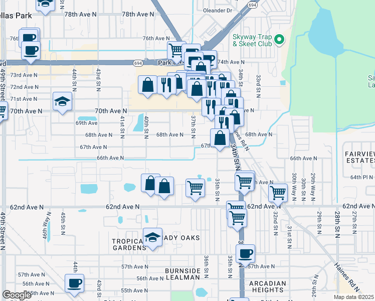 map of restaurants, bars, coffee shops, grocery stores, and more near 3742 67th Avenue North in Pinellas Park