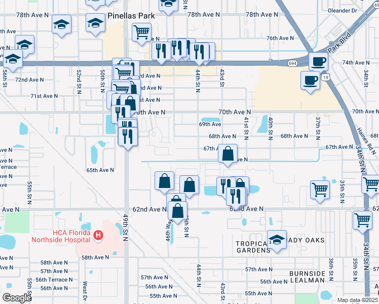 map of restaurants, bars, coffee shops, grocery stores, and more near 4510 67th Avenue North in Pinellas Park