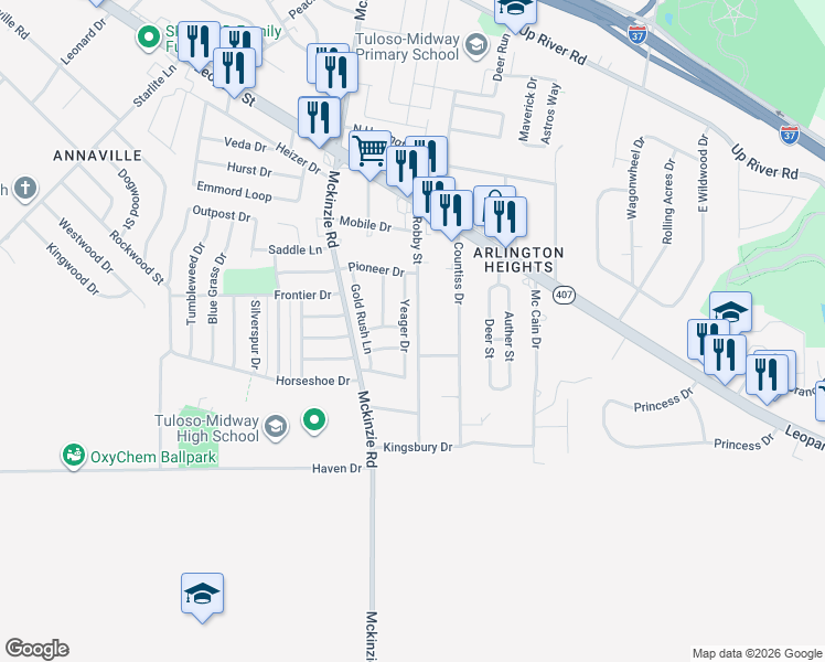 map of restaurants, bars, coffee shops, grocery stores, and more near 2713 Robby Street in Corpus Christi