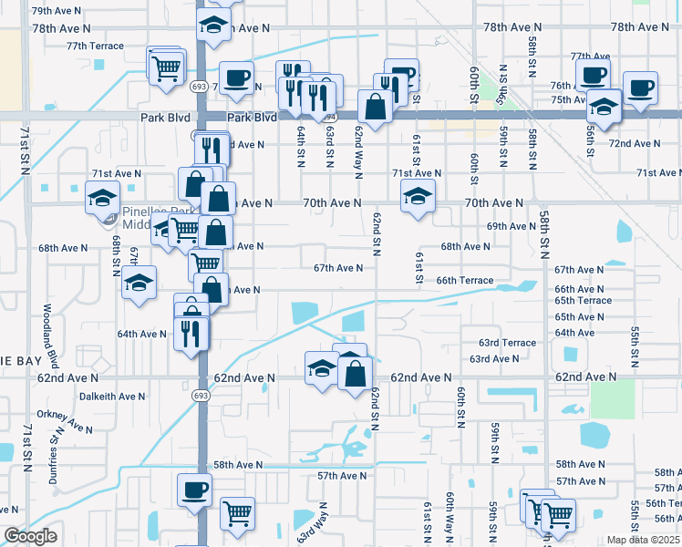 map of restaurants, bars, coffee shops, grocery stores, and more near 6280 67th Avenue North in Pinellas Park