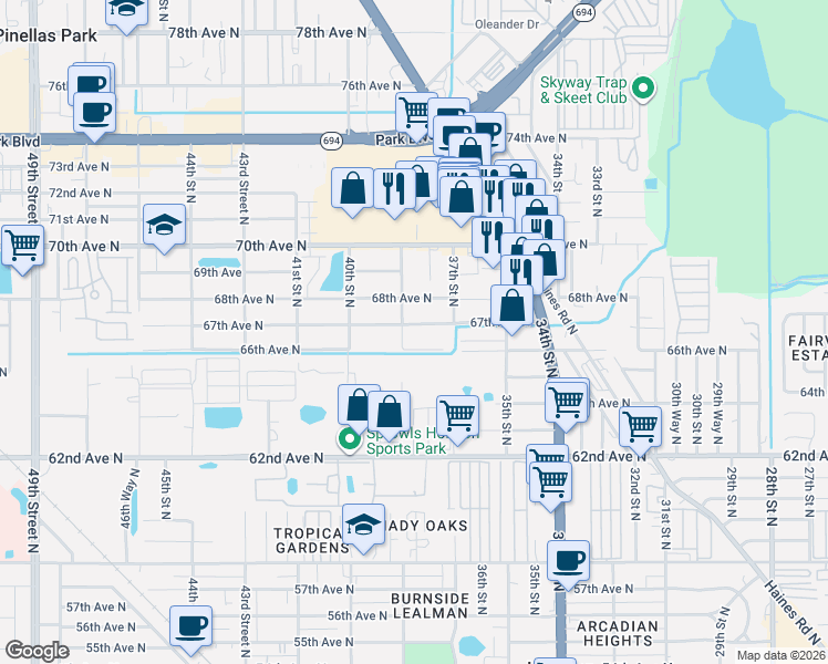 map of restaurants, bars, coffee shops, grocery stores, and more near 3742 67th Avenue North in Pinellas Park