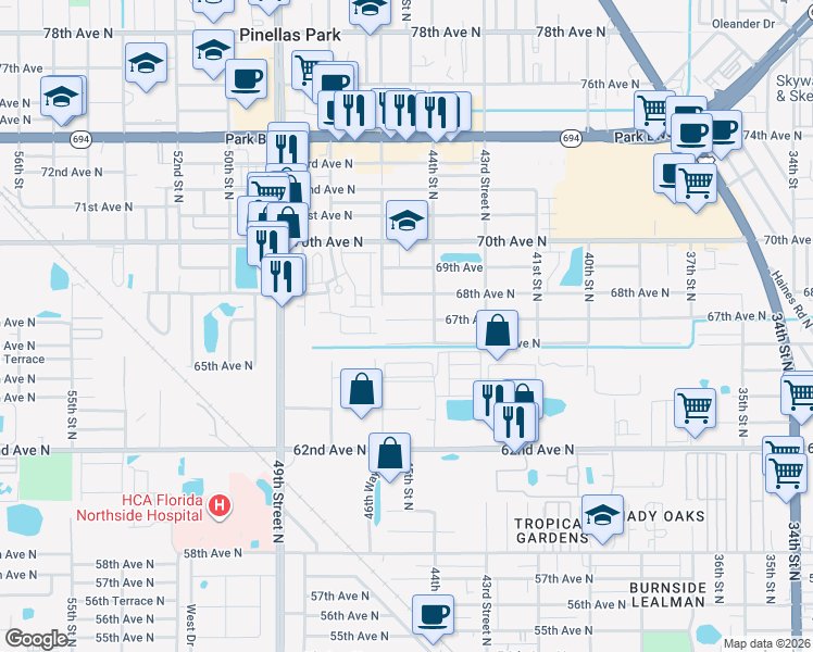 map of restaurants, bars, coffee shops, grocery stores, and more near 4510 67th Avenue North in Pinellas Park