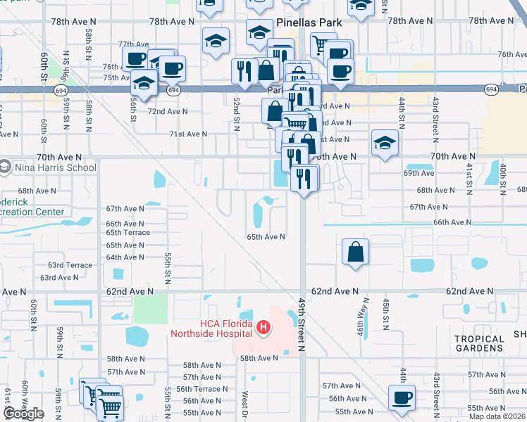 map of restaurants, bars, coffee shops, grocery stores, and more near 6660 50th Street North in Pinellas Park
